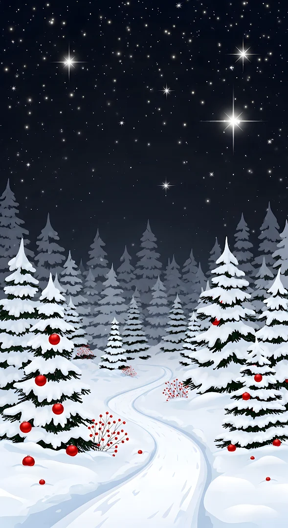 Snowy Christmas Forest Path Under Starry Night Sky Art