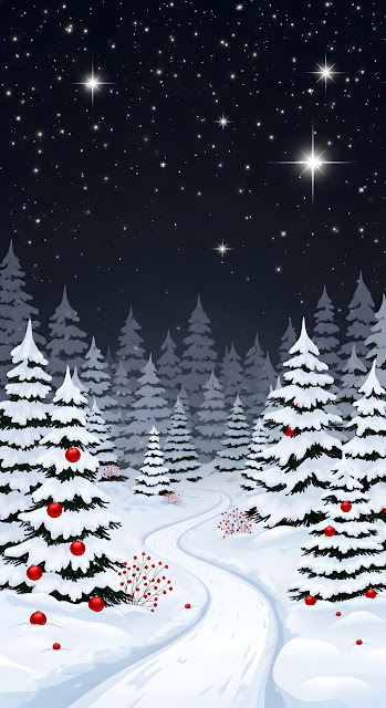 Snowy Christmas Forest Path Under Starry Night Sky Art - Free mobile Wallpaper