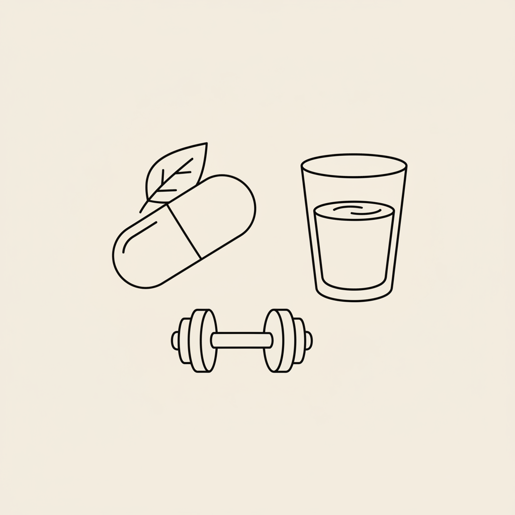Minimalist Tonum-style line illustration of a capsule, leaf, dumbbell, and water glass on beige background representing L-carnitine and healthy weight management.