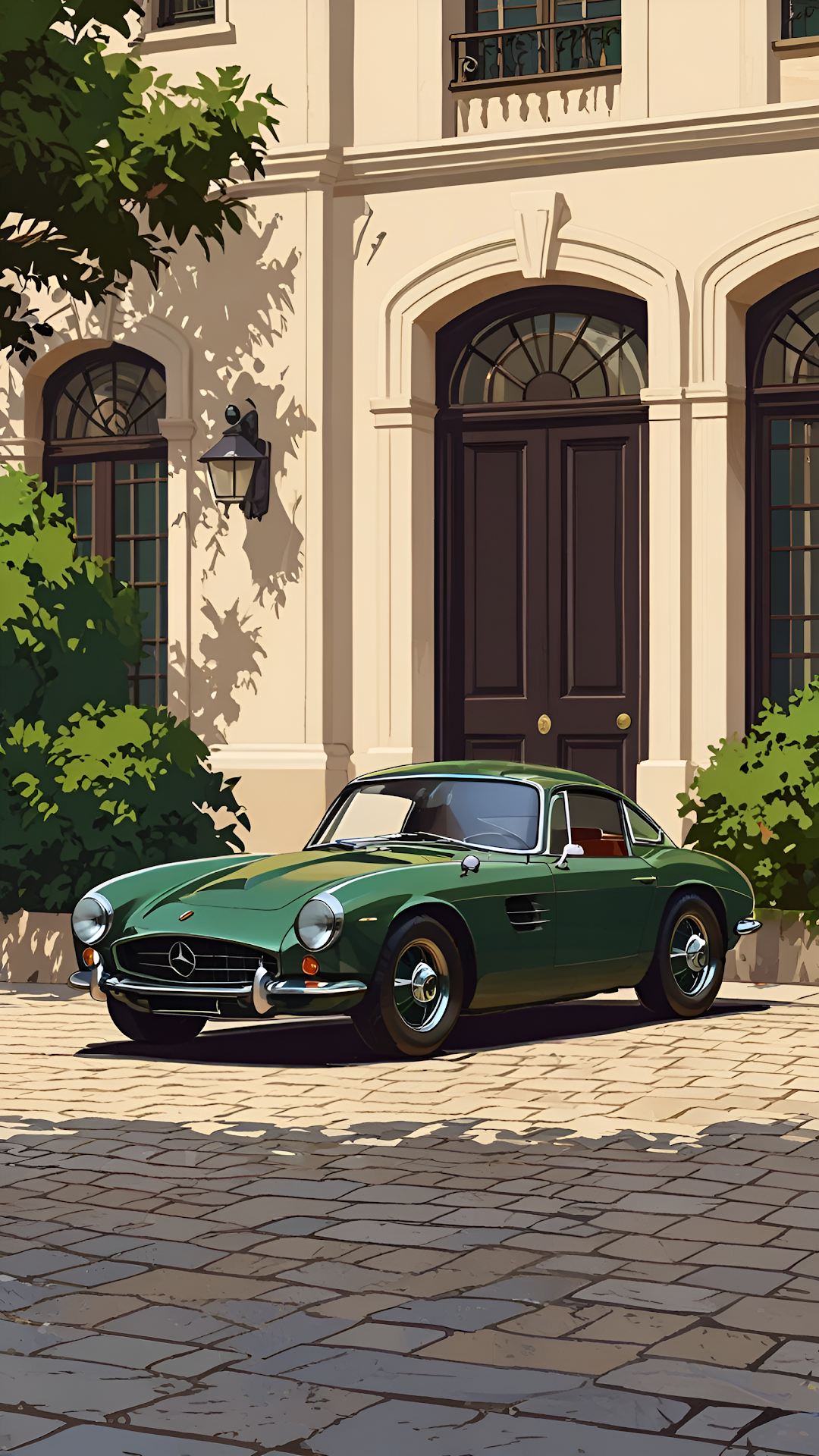 Vintage Green Sports Car Parked at Elegant European Mansion - Free 4K mobile Wallpaper