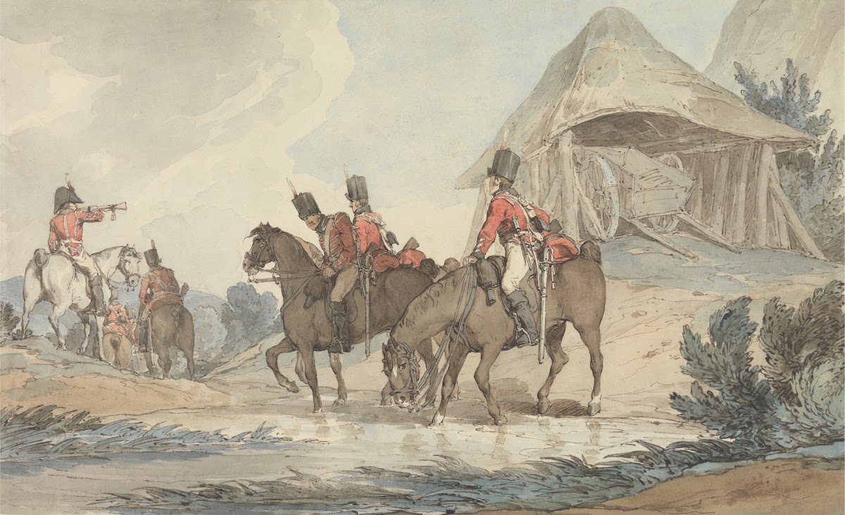 Cavalrymen Passing Through a Stream Being Mustered by a Trumpeter