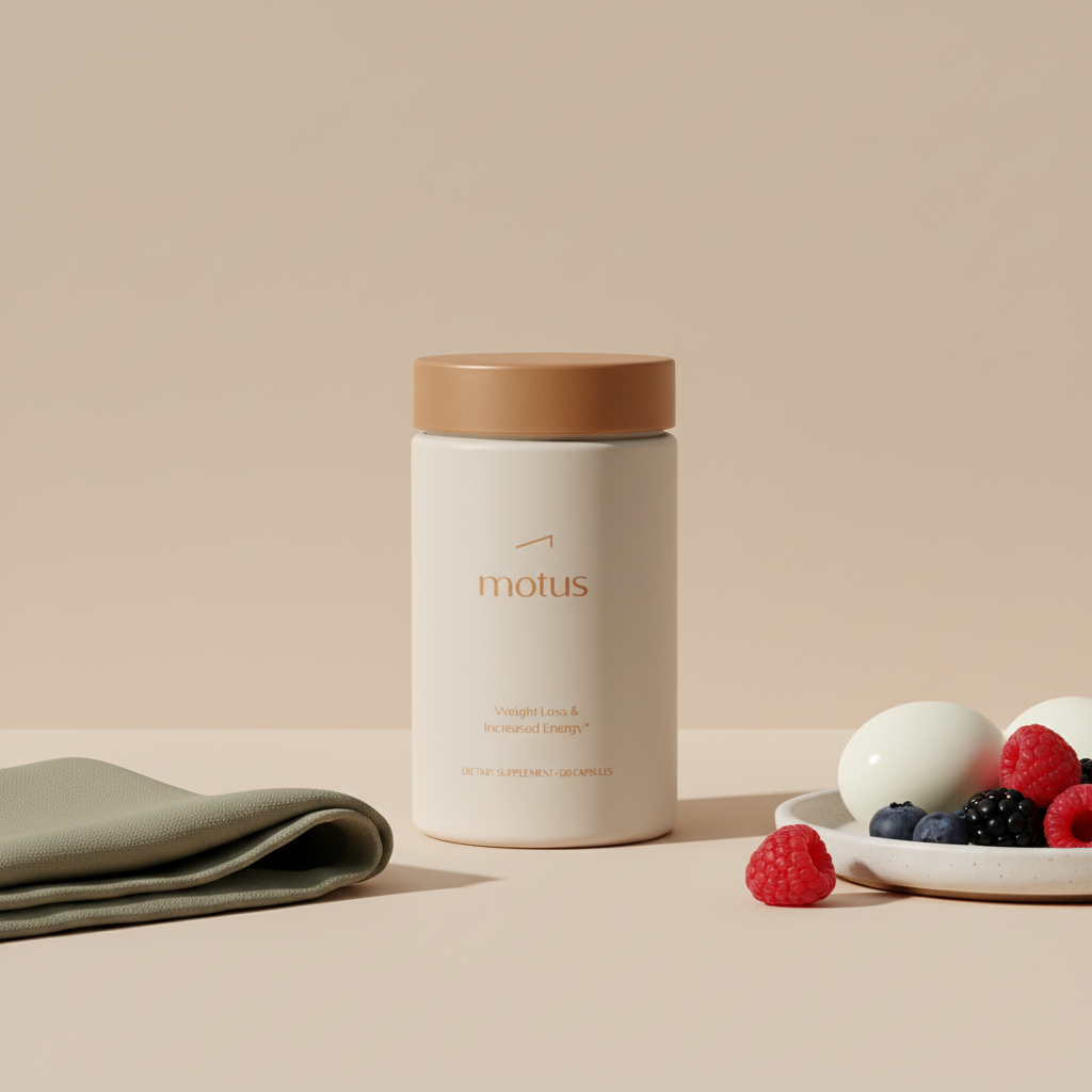 Minimalist still-life of Tonum Motus supplement bottle on beige background with eggs and berries, highlighting CLA and weight-loss lifestyle.
