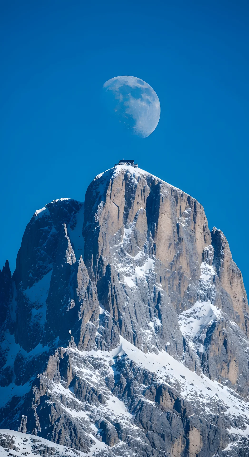 Bright Telephoto View of Rugged Snowy Alpine Peak with Pale Blue Moon - Free 4K mobile Wallpaper