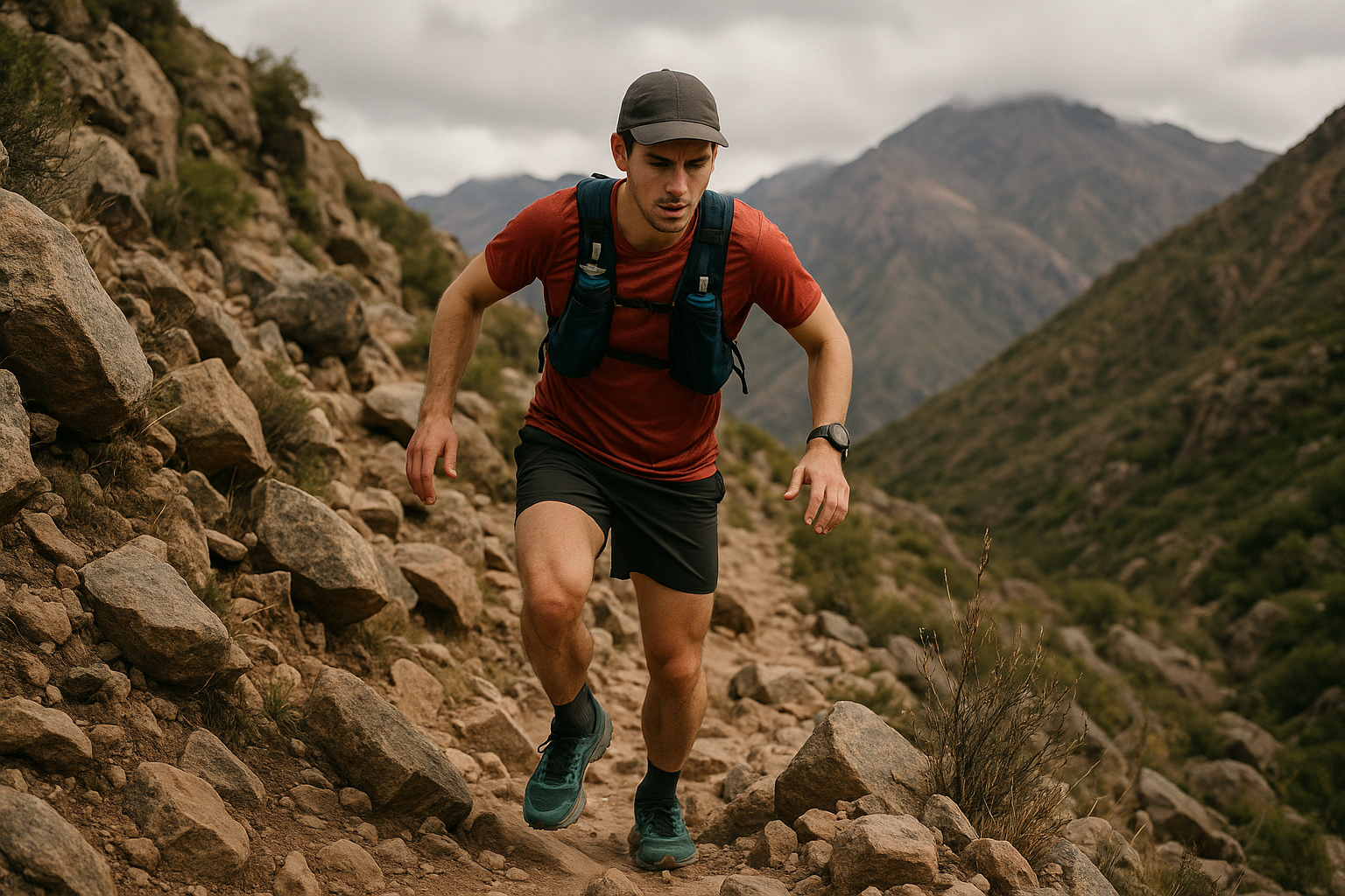 Trail runner principiante en sendero rocoso de montaña argentina con expresión concentrada