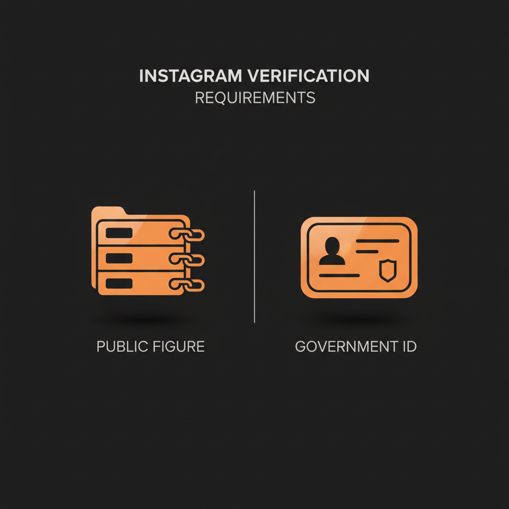 Minimal vector infographic showing a dossier of links and a government ID icon in Social Success Hub brand colors on black background for Instagram verification requirements