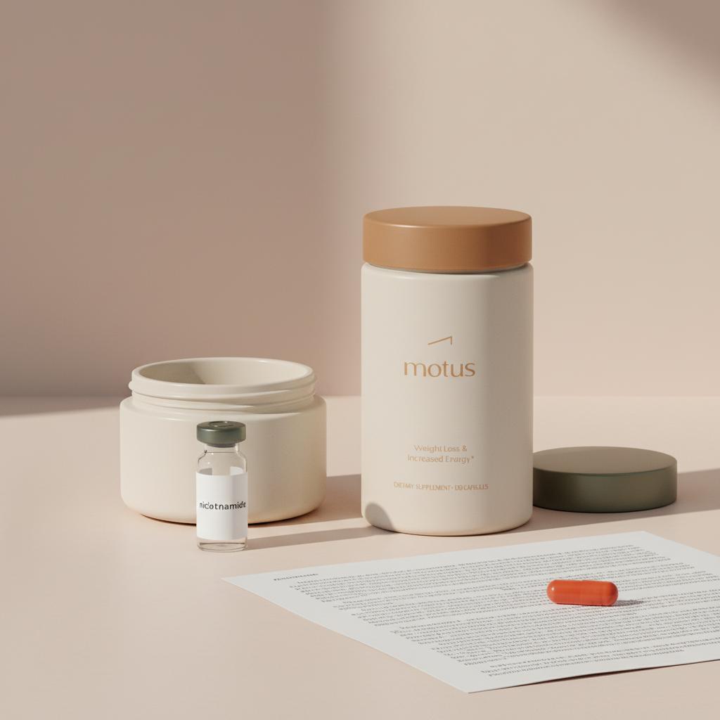 Minimal lab-style product scene with Tonum supplement container, open cream jar and small vial labeled nicotinamide on a pale countertop, clean scientific lifestyle aesthetic.