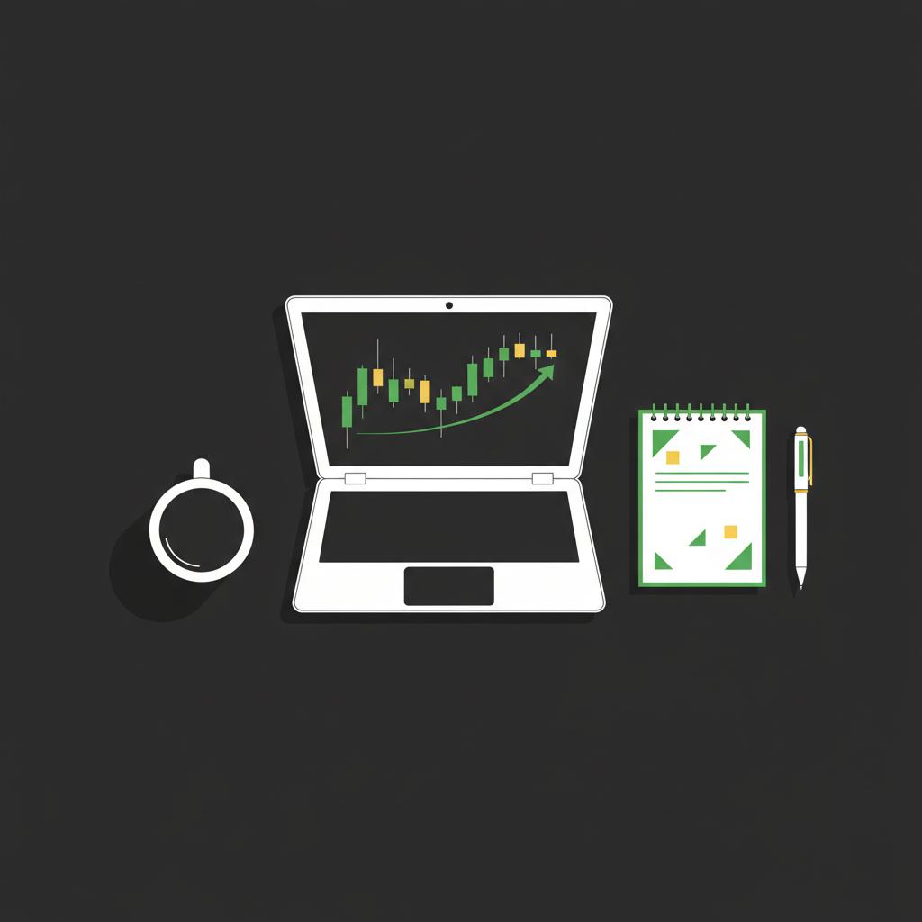 Minimalist 2D flat lay vector of a trading workspace with laptop charts coffee cup and notepad with pen accented in brand colors showing how to turn $1000 into $10000
