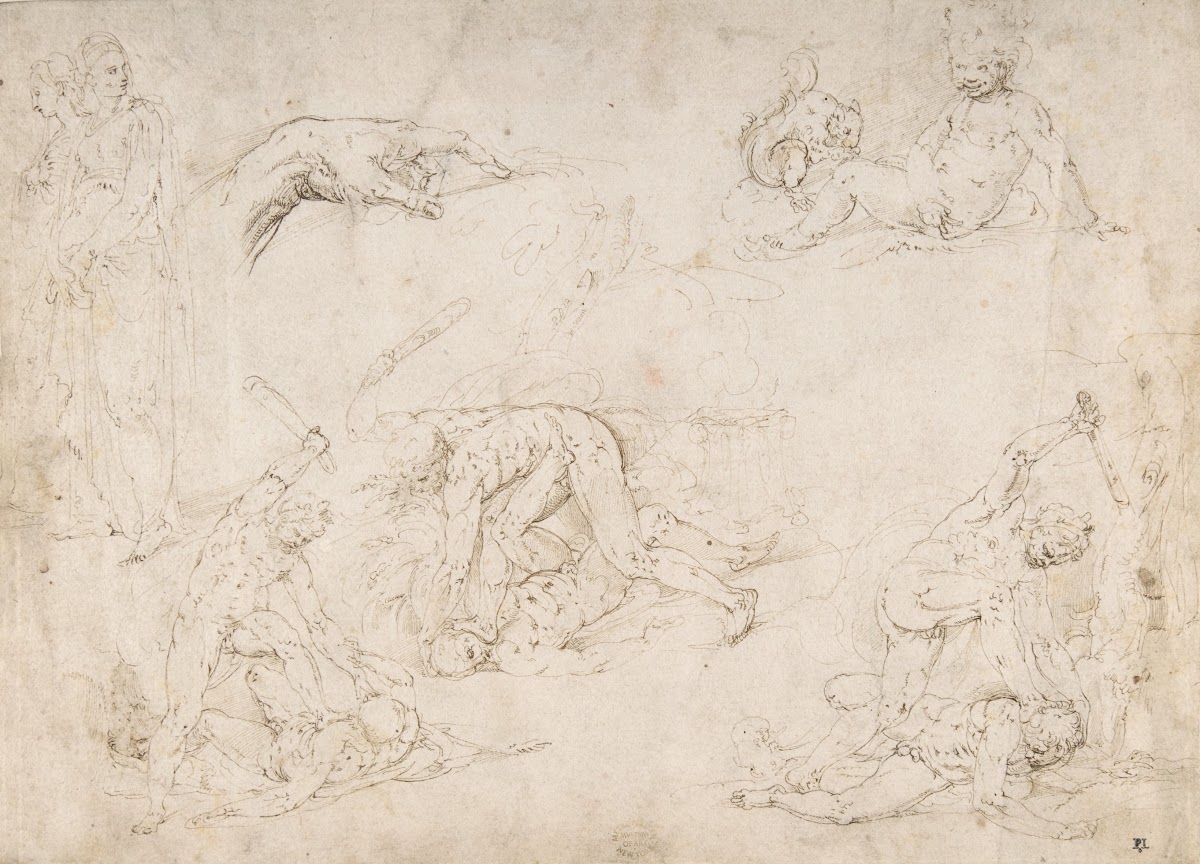 Figure Studies Three Sketches of Cain Killing Abel with an Altar of Sacrifice at