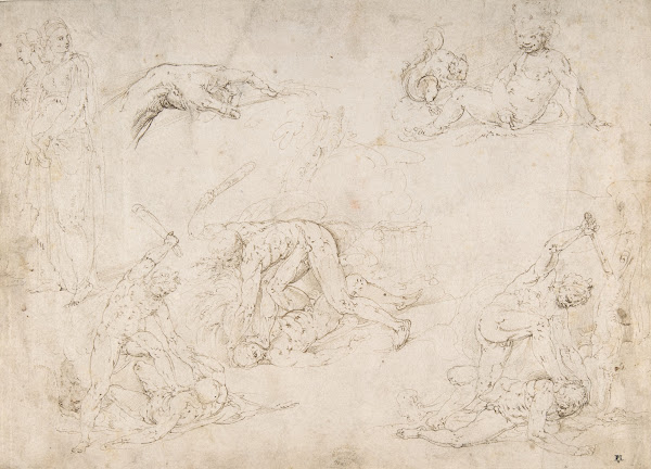 Figure Studies Three Sketches of Cain Killing Abel with an Altar of Sacrifice at