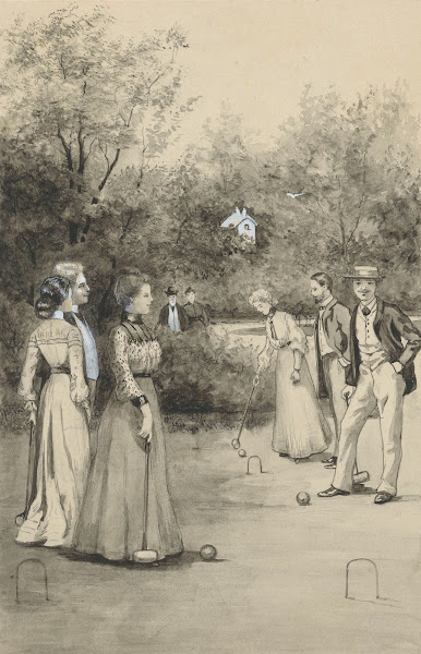 Mannen en vrouwen spelen croquet 1905