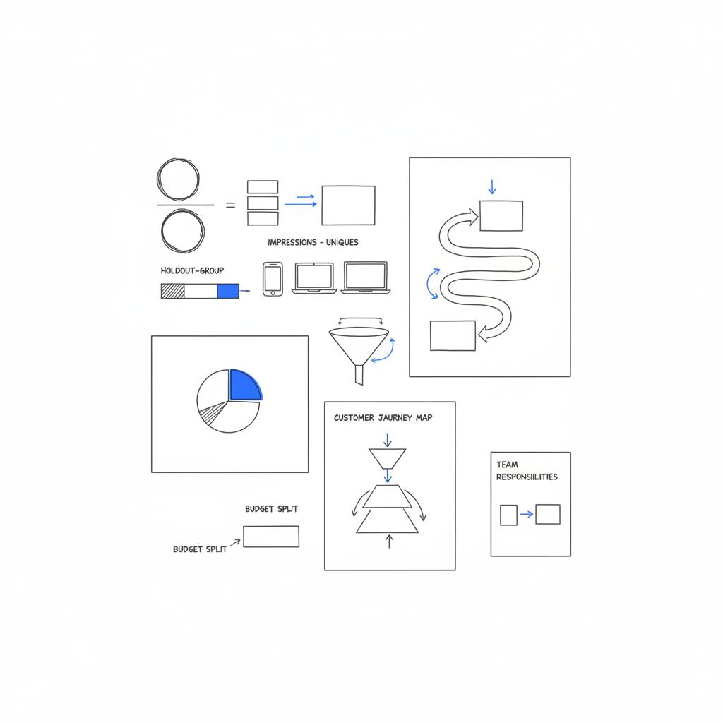 Top-down vector sketch of a planning desk with hand-drawn frequency math, a small holdout-group chart, and device icons (phone, laptop, TV) illustrating the rule of 7 in advertising.