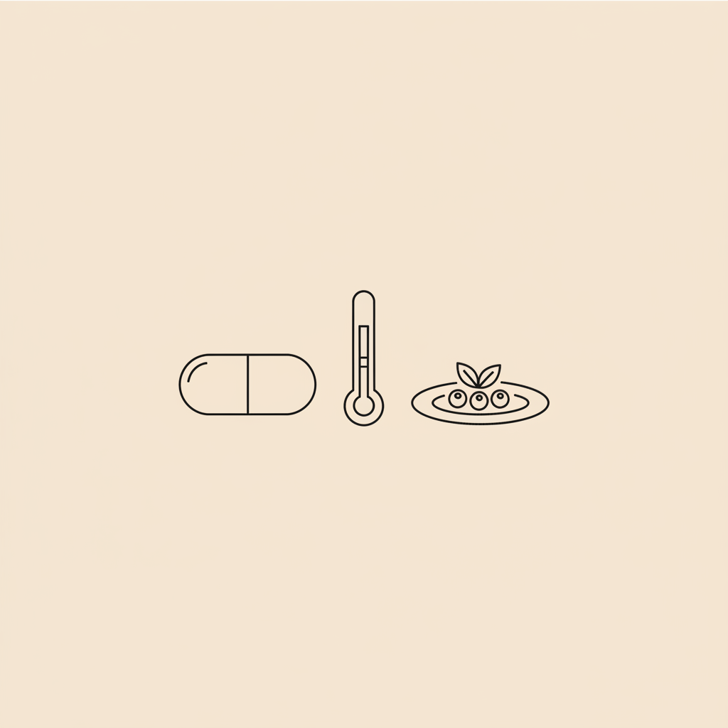 How do I check my metabolism? Minimal Tonum-style line illustration of a capsule, thermometer and small plate with berries on a beige #F2E5D5 background.