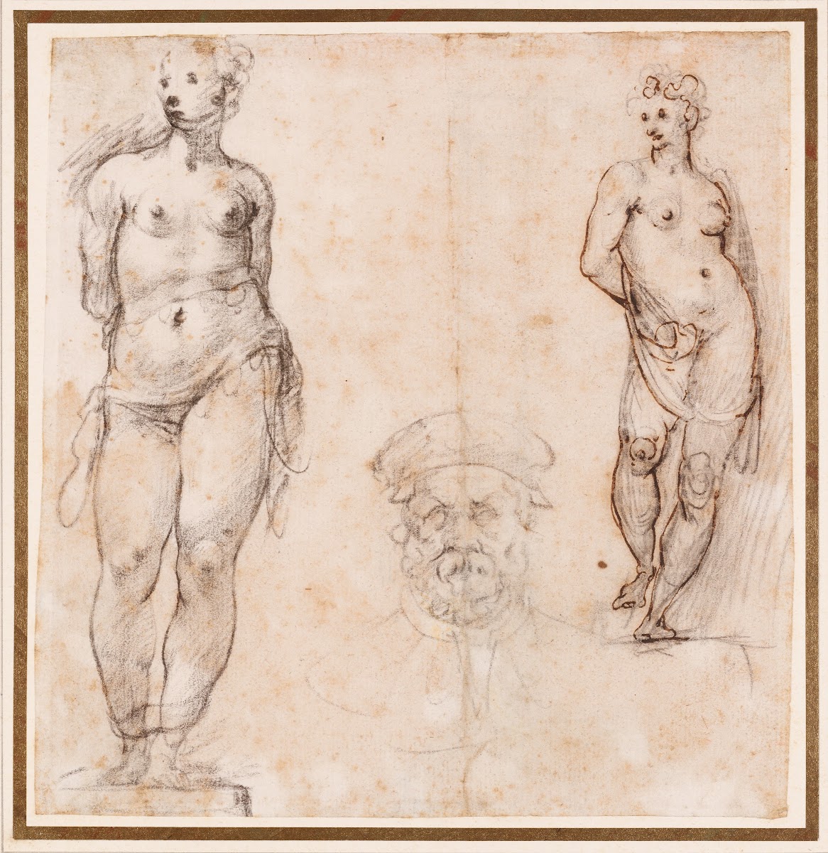 Studies of a Nude Female Statue Venus and Head of a Mature Bearded Man 16th 17th