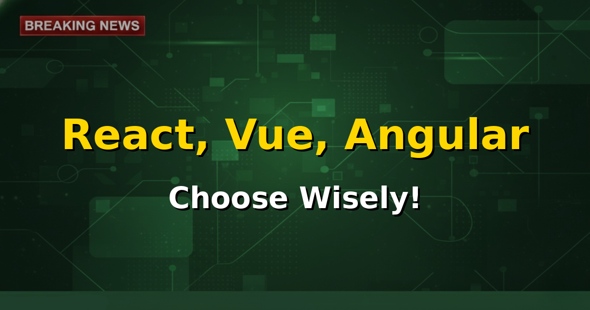 A graphic depicting the logos of React, Vue, and Angular with a question mark, symbolizing a choice between the three major frontend frameworks.