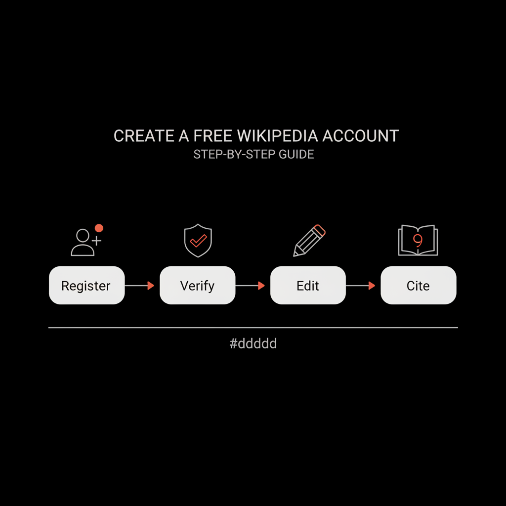 Minimal full-frame infographic on black background showing steps Register → Verify → Edit → Cite with simple vector icons, designed to help users create a Wikipedia account for free.
