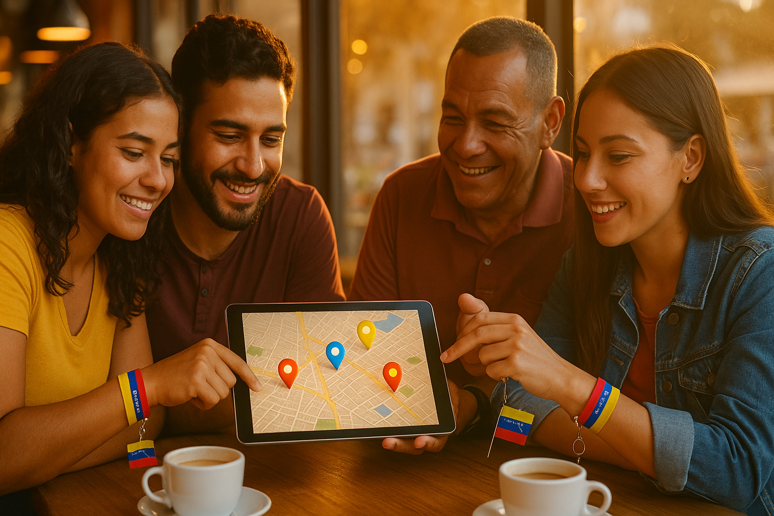 Manos de venezolanos señalando un mapa urbano con pines de colores, al atardecer