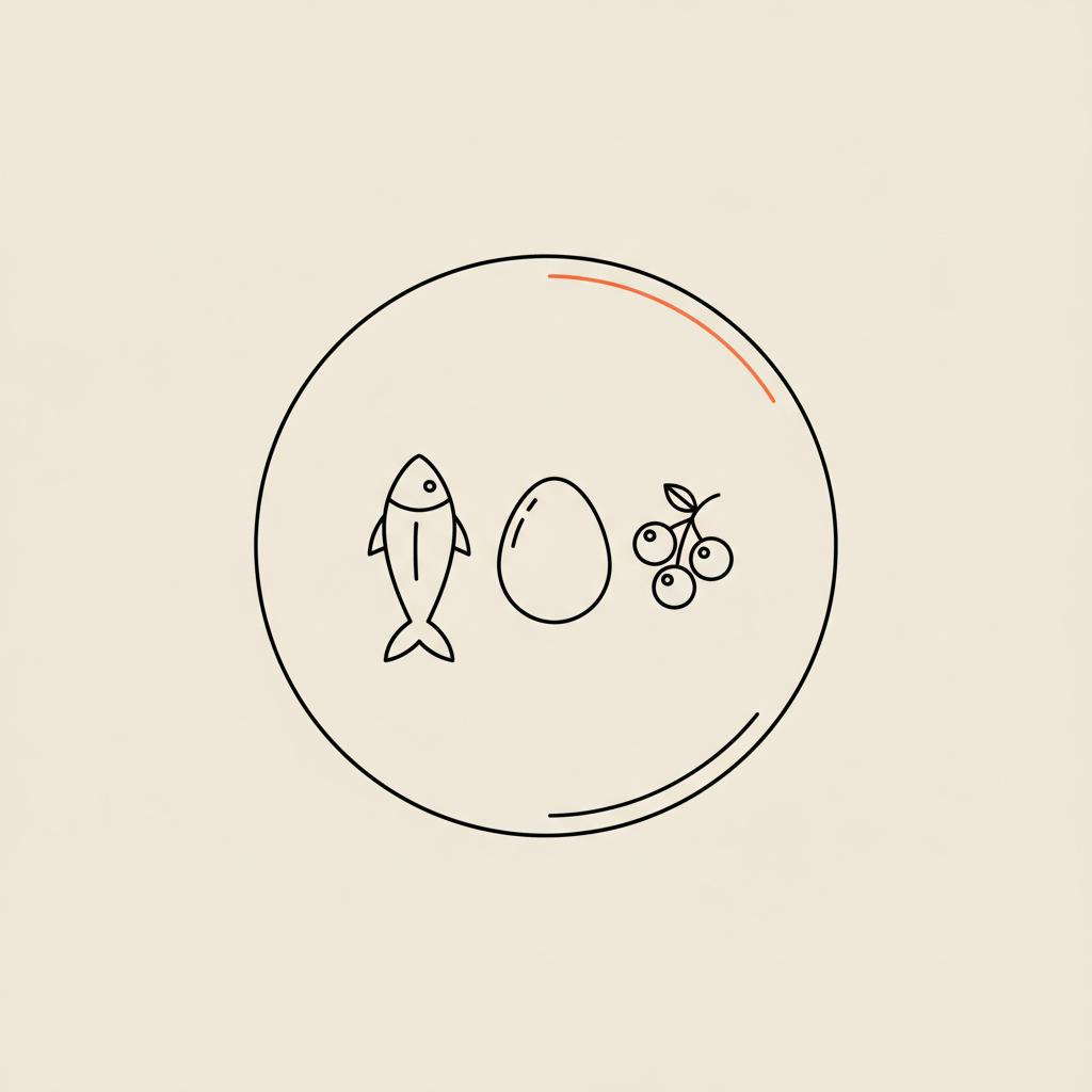 Minimalist Tonum-style line illustration of a plate with fish, egg, and berry cluster representing balanced food choices to lose belly fat fast