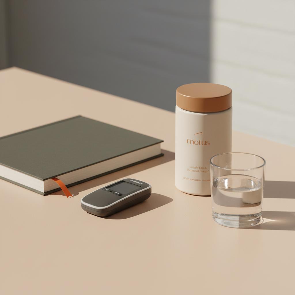Minimal desk scene with Tonum supplement container beside a closed medical journal and glucometer, suggesting metabolic and vestibular links for hormone vertigo.