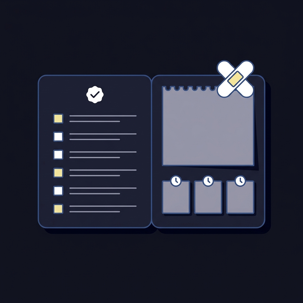 Minimalist 2D vector flat lay of notebook with monitoring checklist medical news clipping and screenshot thumbnails for record keeping in Funded Plays palette representing nba mvp betting research