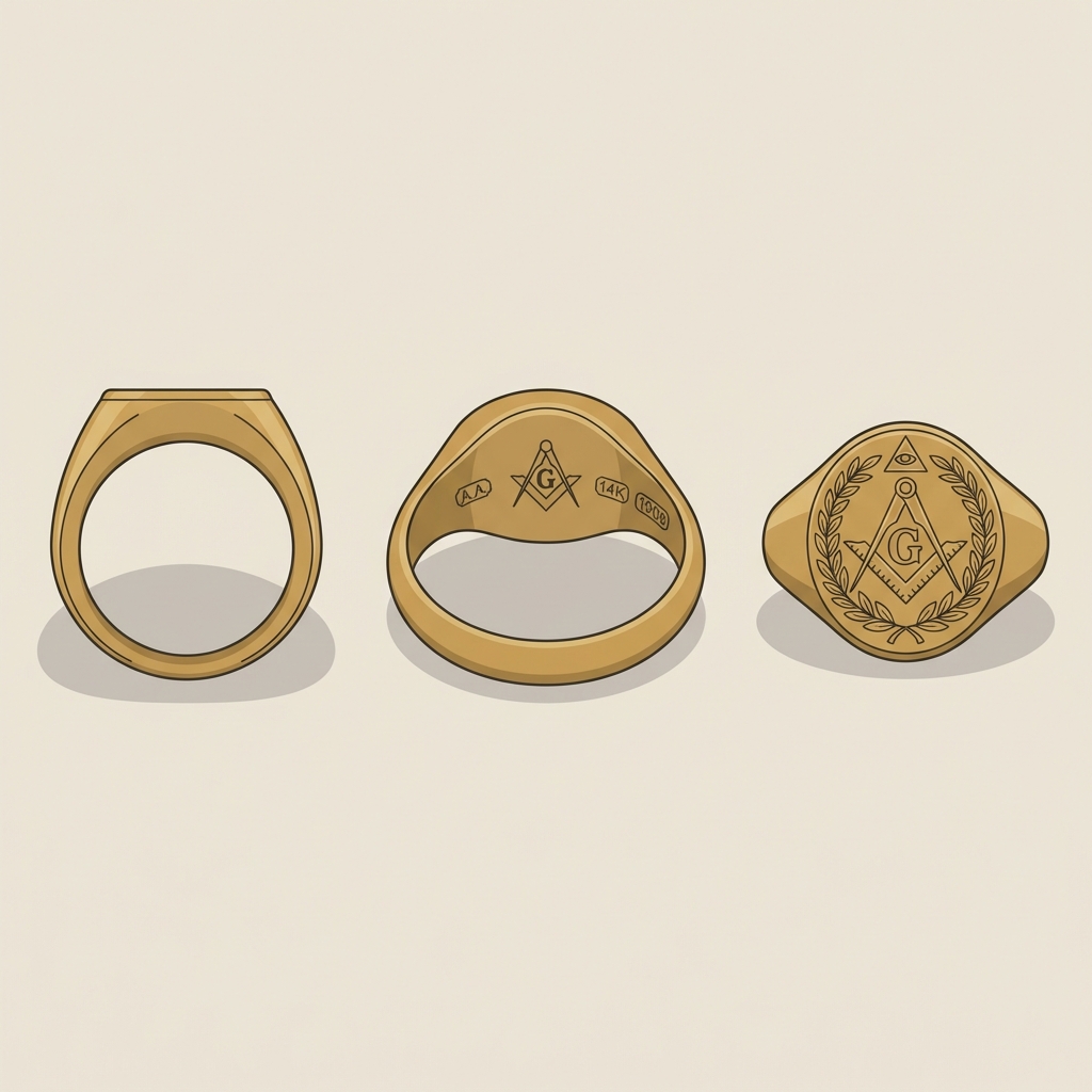 Minimalist 2D vector triptych of ancient masonic rings showing profile hoop underside hallmarks and top motif on a soft beige background