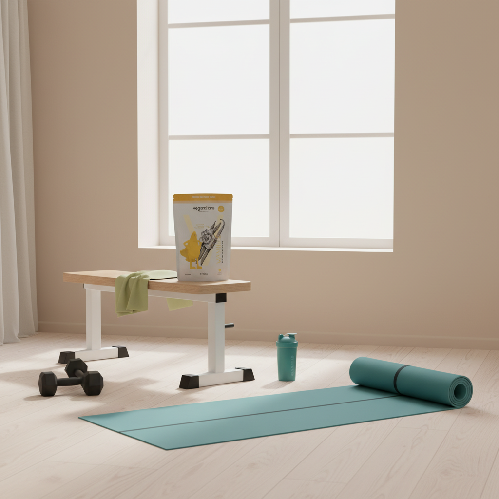Minimalistische Heim-Training Ecke mit Hantelbank, Kurzhanteln, Matte und Vegardians Produkt vor Fenster – heim-training Szene