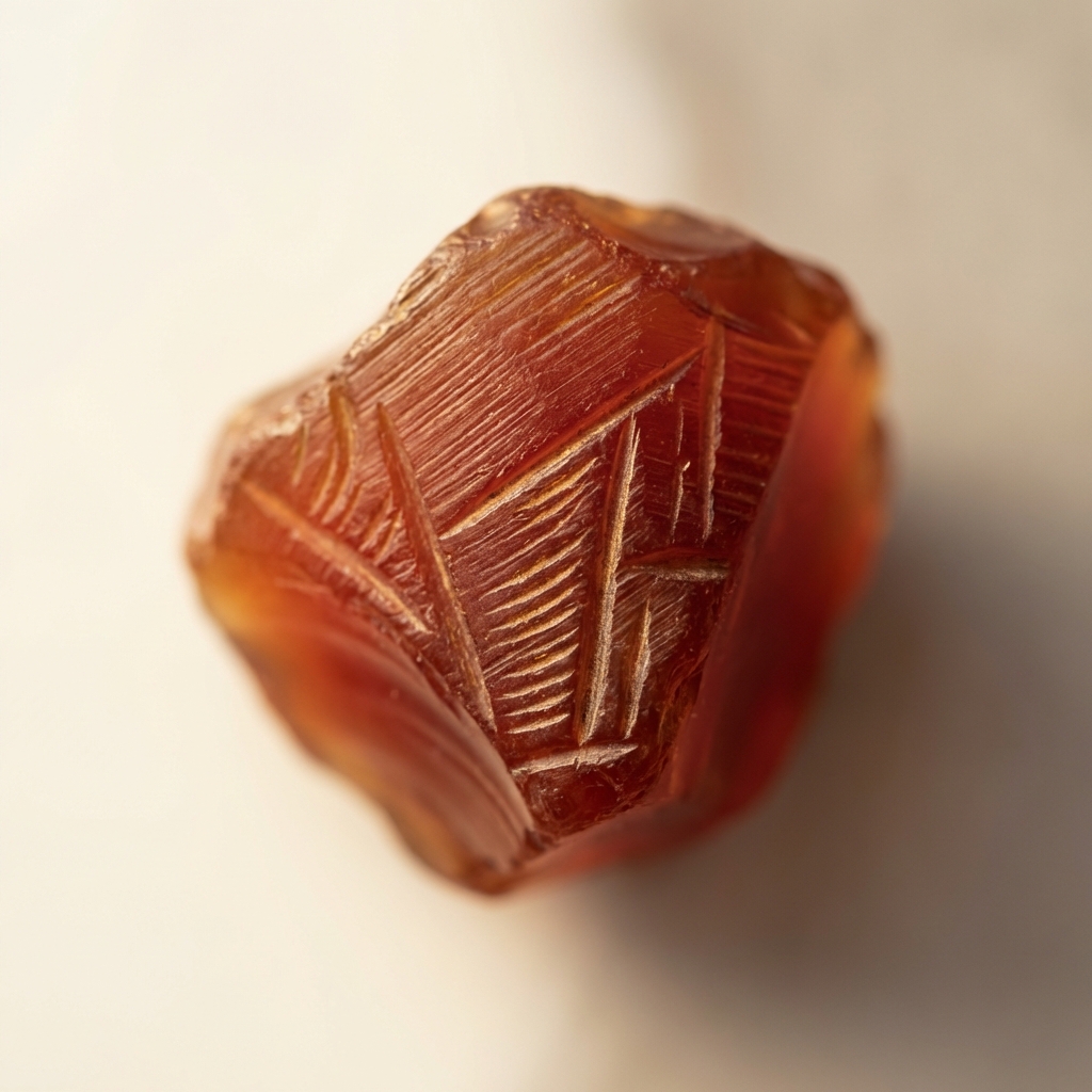 Macro close up of a carved roman carnelian intaglio showing microscopic striations under raking side light on a minimalist pale background