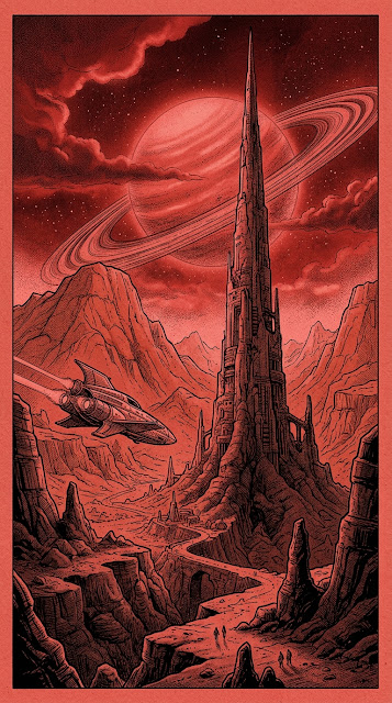 Retro Sci-Fi Illustration of a Red Planet Valley with Spire and Spacecraft - Free mobile Wallpaper