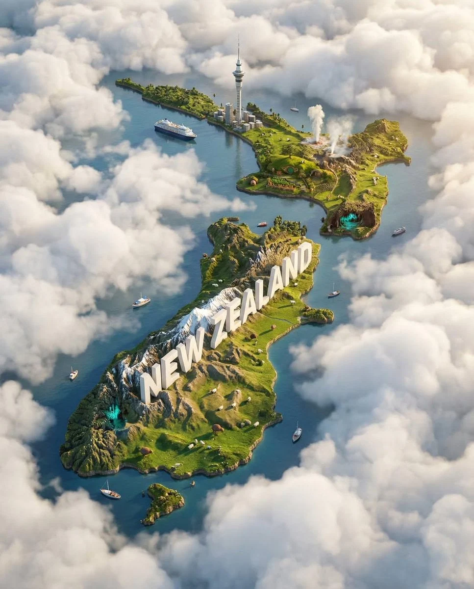 Crea un póster digital ultra-HD hiperrealista de una isla miniatura flotante con forma de [País] en...
