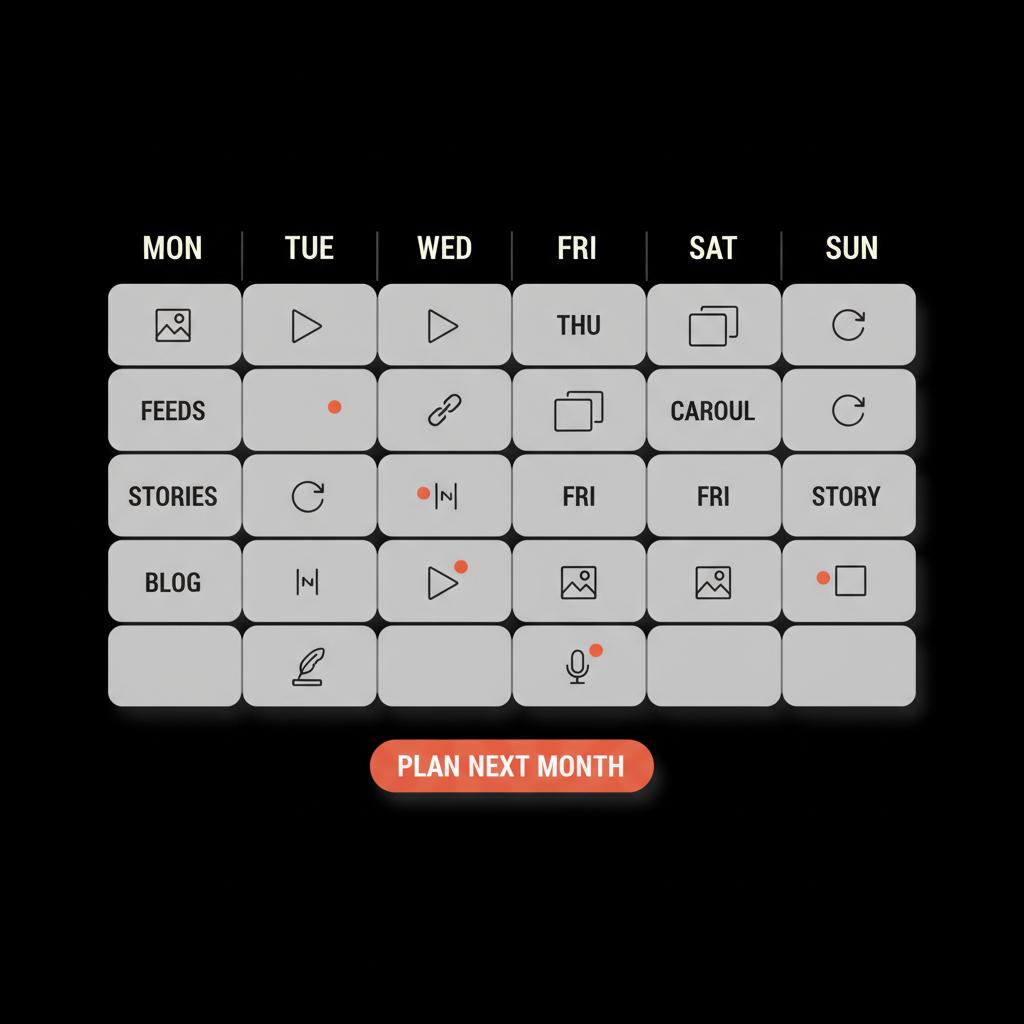 Minimal weekly content calendar infographic on black background to retrieve an old Gmail email address; color-coded pillars, vector icons, and orange CTA accents.