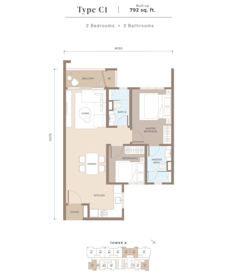 Amaya Type C1 floor plan — 940 sq ft, 3 bedrooms