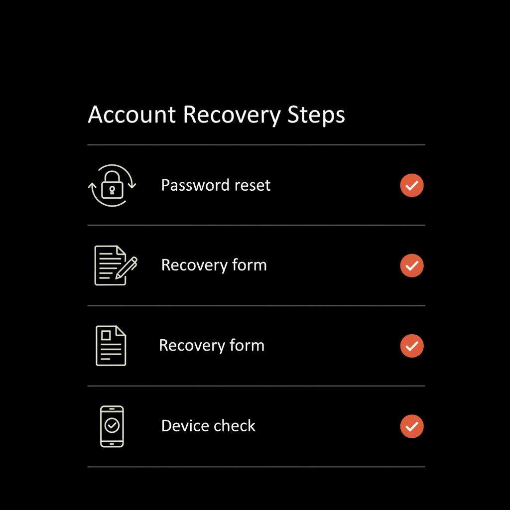 Minimal full-frame infographic checklist for old Hotmail email account recovery with vector icons for password reset, recovery form and device check on a black background.