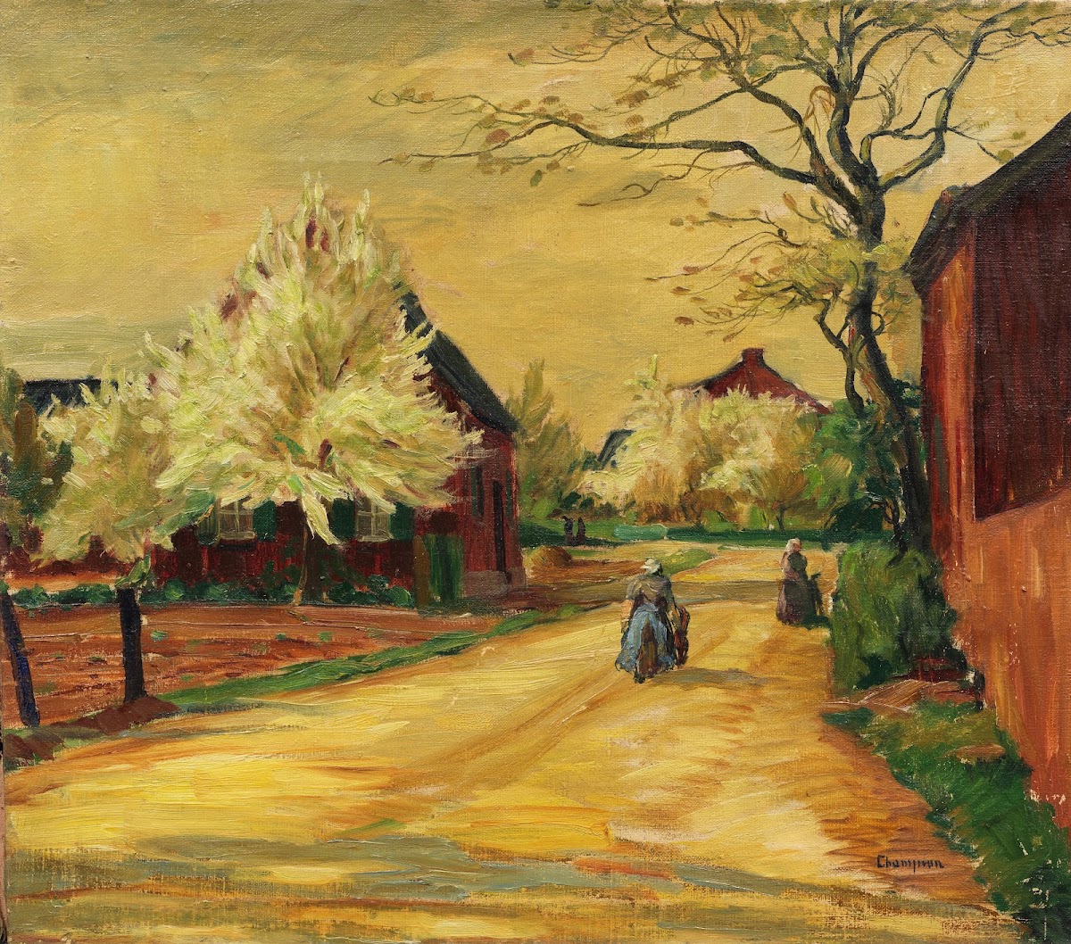 Dorfstraße mit blühenden Bäumen 1920