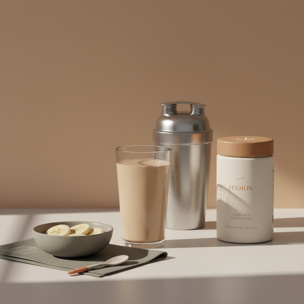 Minimalist kitchen scene with a glass protein shake, Tonum product from the reference photos beside it and a shaker bottle illustrating protein shakes as meal replacements.