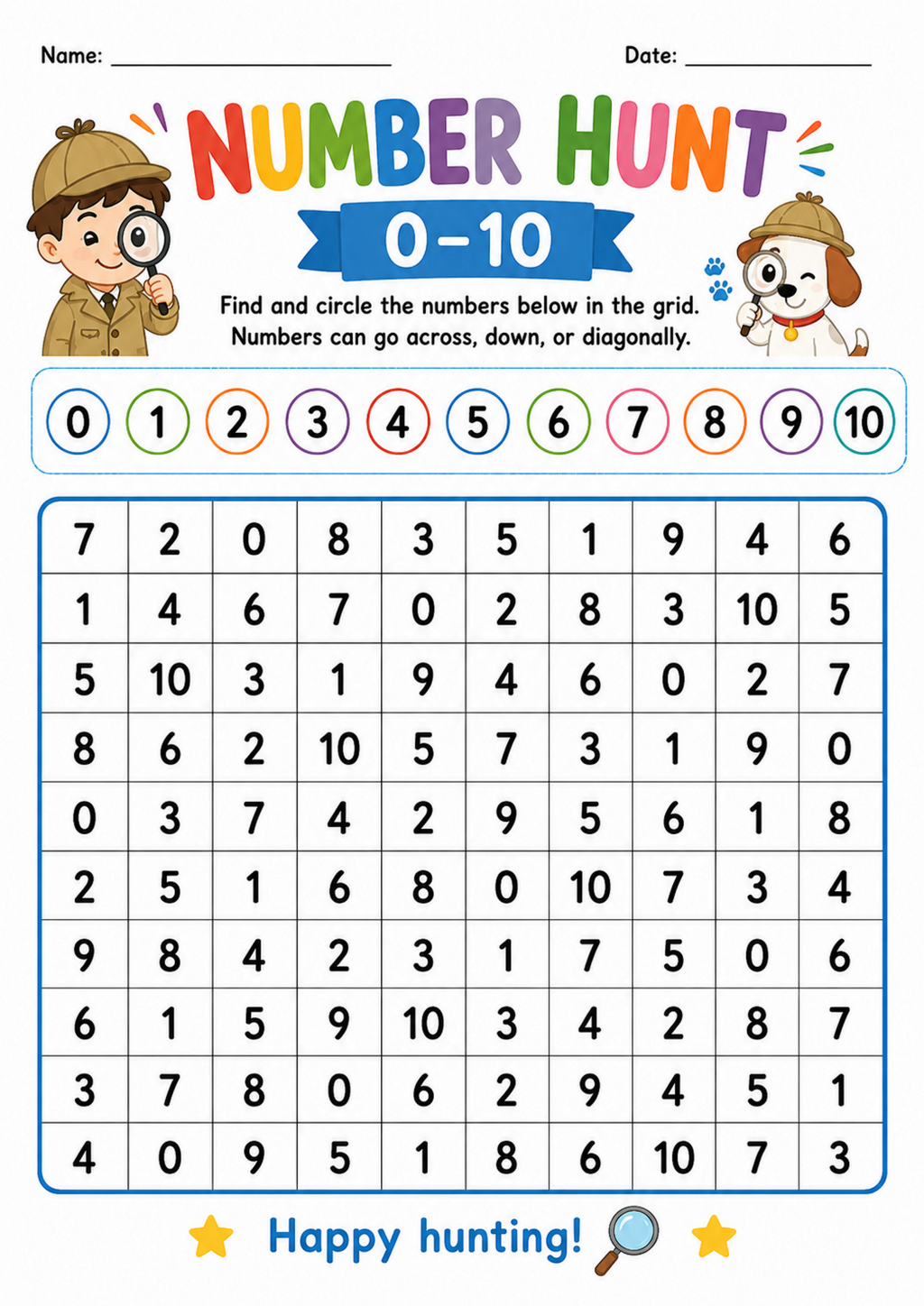 Number Hunt 0-10 Worksheet