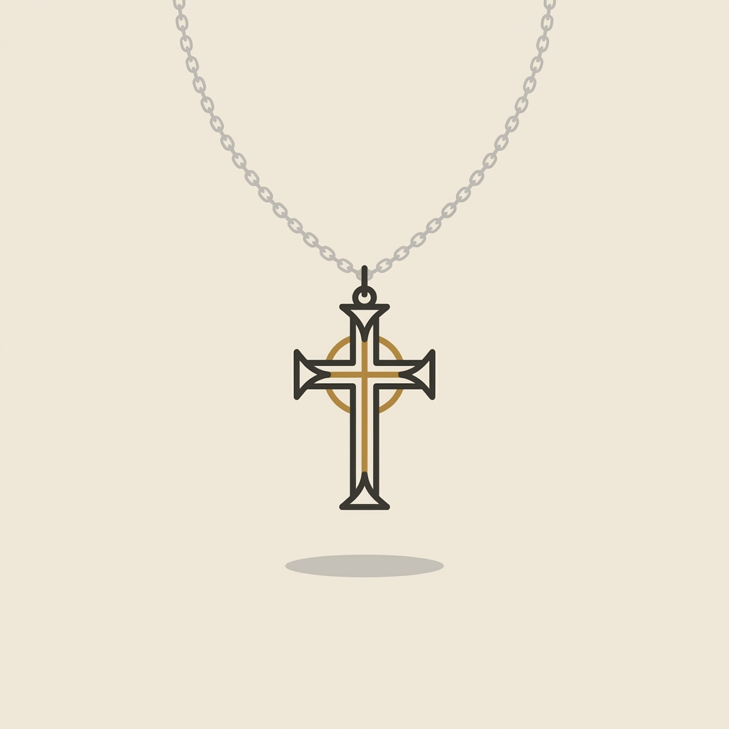 Flat 2D vector illustration of a medieval cross necklace pendant centered on a beige background using Aurora Antiqua palette ede7da c2bdb6 34332e and ae8339