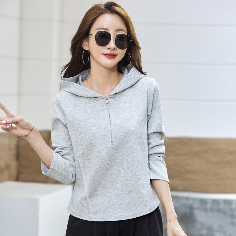 Women's Hooded Sweatshirt with Zipper and Standing Collar