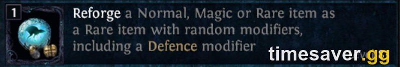 A Path of Exile Harvest reforge craft — "Reforge a Normal, Magic or Rare item as a Rare item with random modifiers, including a Defence modifier" — the tag-based crafting Harvest is known for