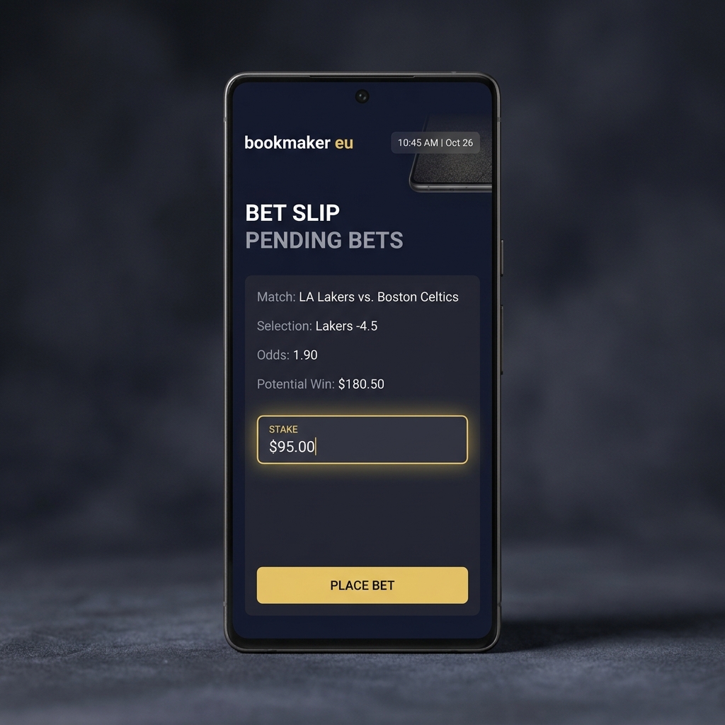 Close up of a smartphone showing a bookmaker eu mobile app bet slip with the reduced max stake field highlighted and a small timestamped screenshot overlay on a Funded Plays dark background