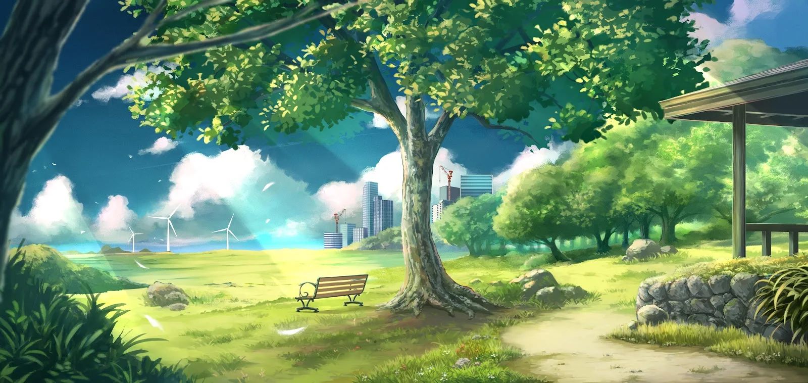 Park Bench Overlooking Modern City - Anime Landscape Art 4K Wallpaper (5629x2667)