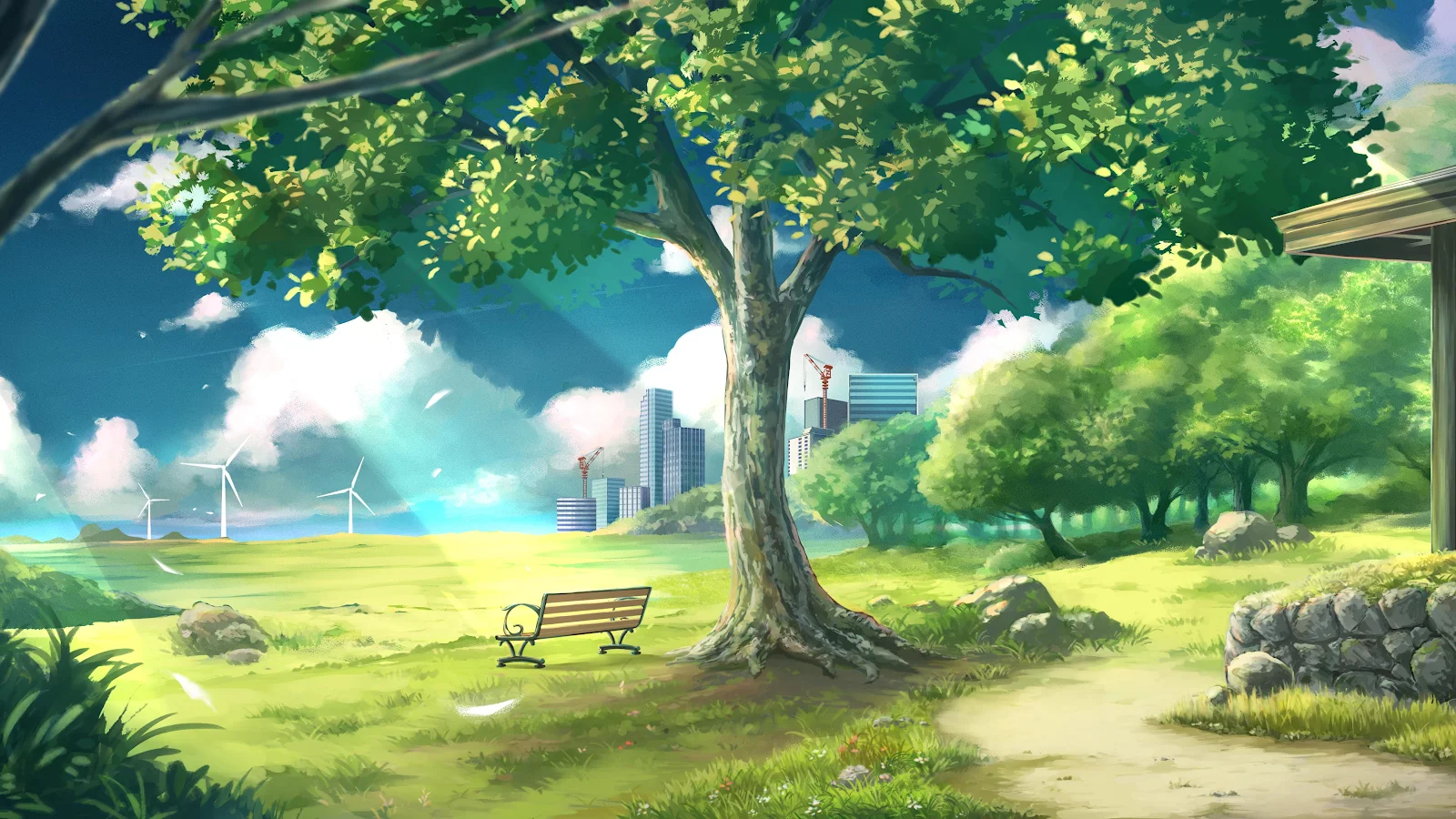 Park Bench Overlooking Modern City 4K Desktop Wallpaper