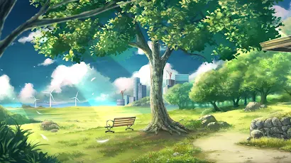 Park Bench Overlooking Modern City 4K Desktop & Mobile Wallpaper Background