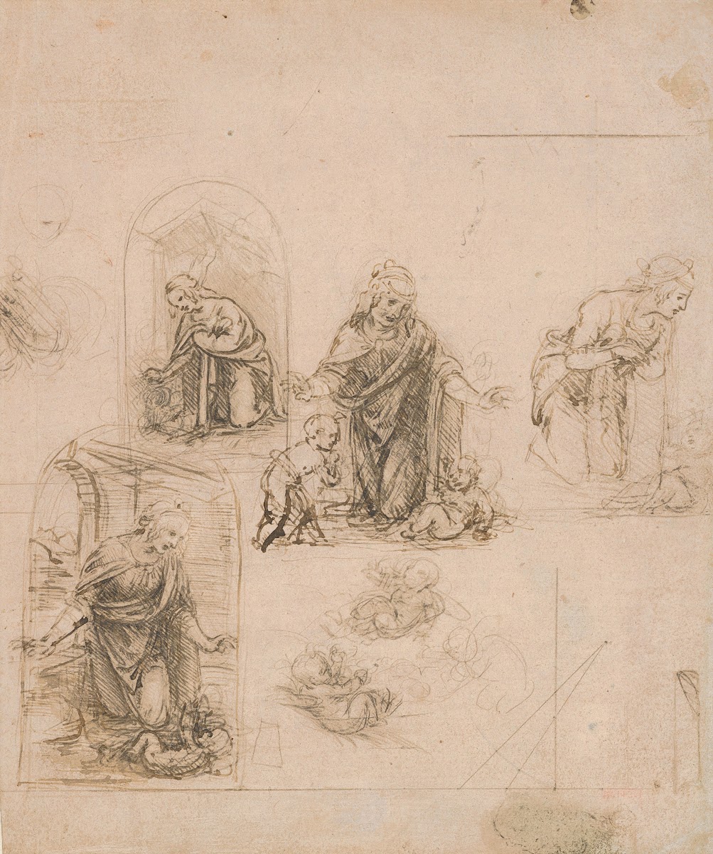 Compositional Sketches for the Virgin Adoring the Christ Child with and without