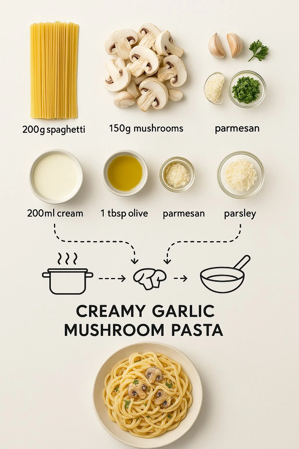 Infografía con la receta paso a paso de pasta cremosa con champiñones y ajo.