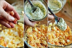 Bóc vỏ trứng rồi tiếp tục nghiền nhuyễn trứng ra. Thêm cà chua cắt nhỏ và trộn mayonnaise.