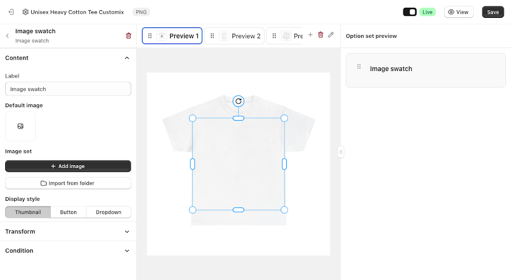 Content panel with Label, Default image, and empty Image set showing Add image and Import from folder buttons