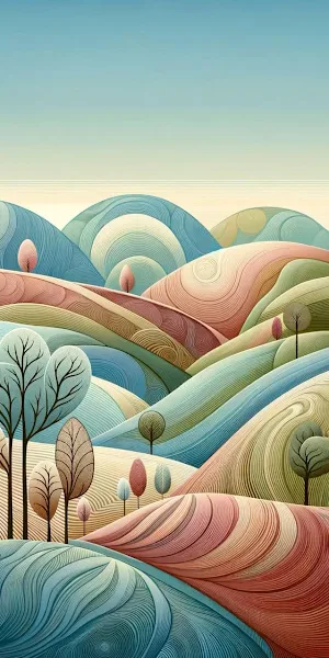 Abstract Landscape, Pastel Colors, Rolling Hills, Nature Illustration iPhone Wallpaper Background