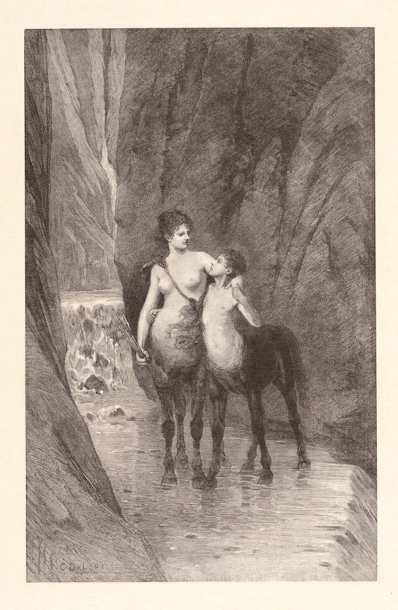 Two centaurs mother and child standing in mountain stream