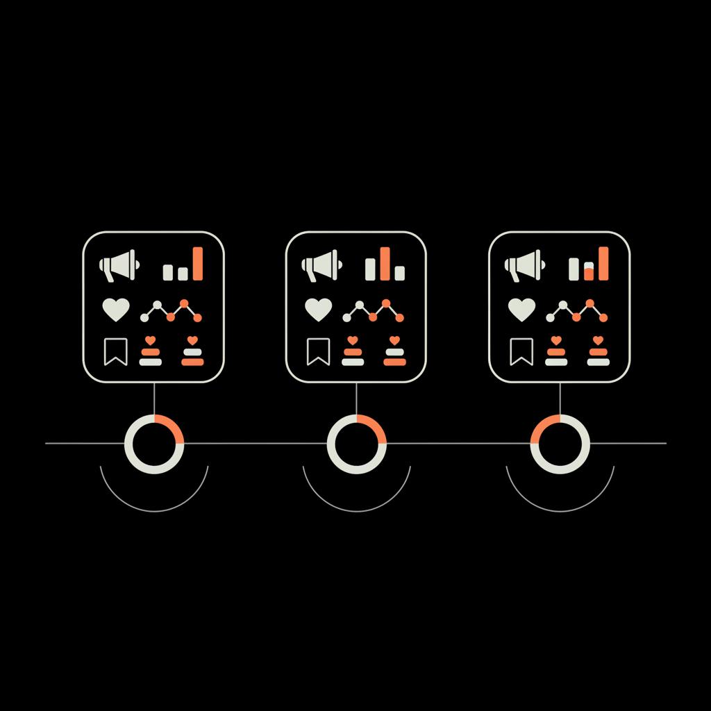 Minimal vector infographic timeline showing A/B test stages with icons and sample metrics (reach, engagement, saves) in brand colors for hashtag effectiveness