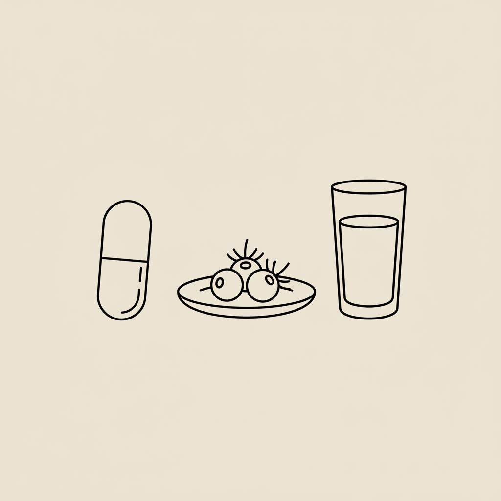 Minimalist line illustration of a capsule, plate of berries and a water glass on a beige background representing probiotics for bloating and belly fat