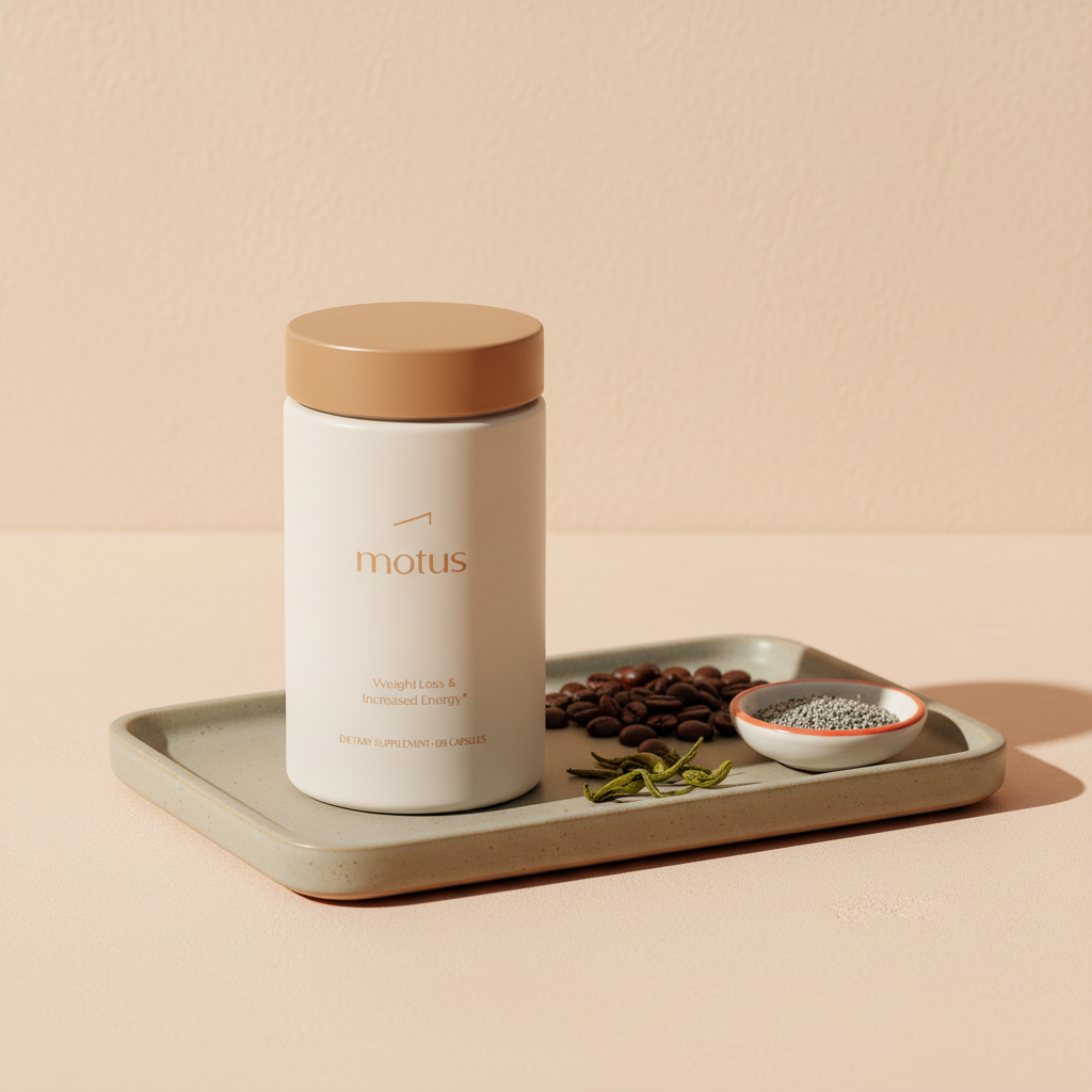 Motus supplement jar on a ceramic tray with coffee beans, green tea leaves and milk thistle seeds in a minimalist Tonum setting with soft natural light — do fat burners work
